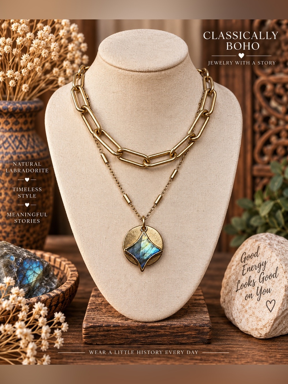 ⭐ North Star | Labradorite Double Gold Chain Necklace